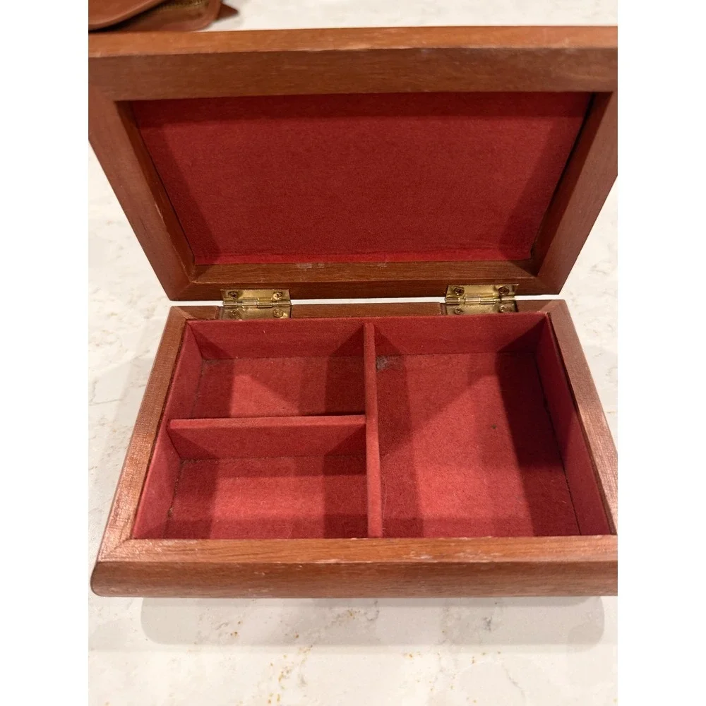 Vintage Powell Burl Wood Jewelry Box Red Felt Lined Valet Trinket Organizer
